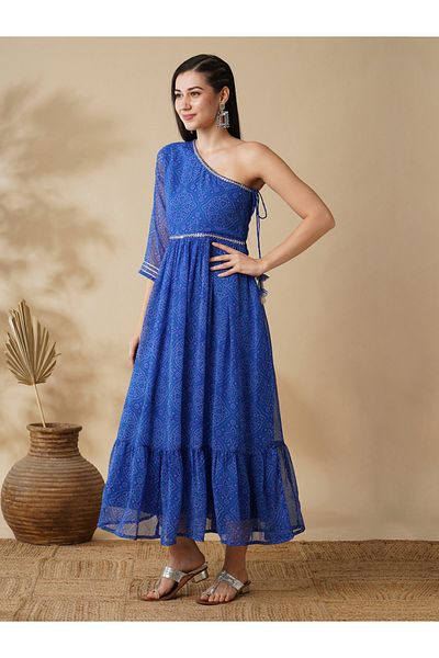 Globus By Styli Women Blue Bandhani Print One Shoulder A-Line Maxi Dress with Sequin Detail