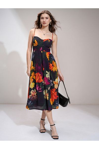 Vishudh By Styli Floral Print Pleated Strappy A-Line Midi Dress