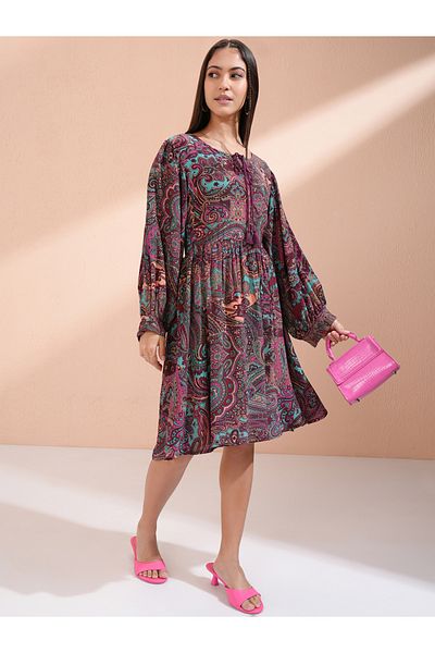 Vishudh By Styli Women Paisley Print Tie-Up Neck A-Line Knee-Length Dress