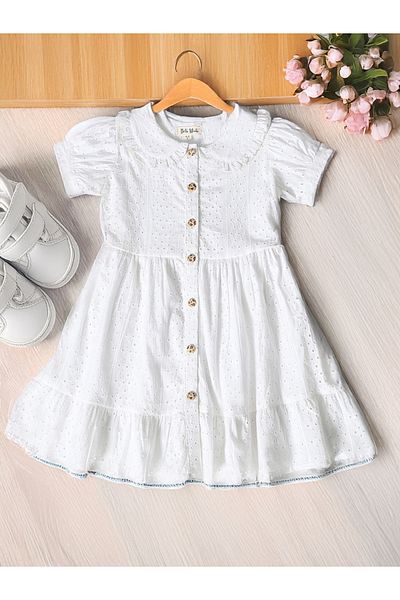 Bella Moda By Styli Solid Schiffli Puff Sleeves Dress with Button Front