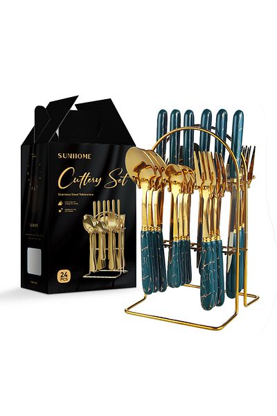 Sunhome 24-Piece Stainless Steel Cutlery Set With Stand Green/Gold