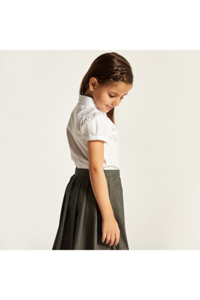 Juniors Solid Shirt With Spread Collar And Puff Sleeves