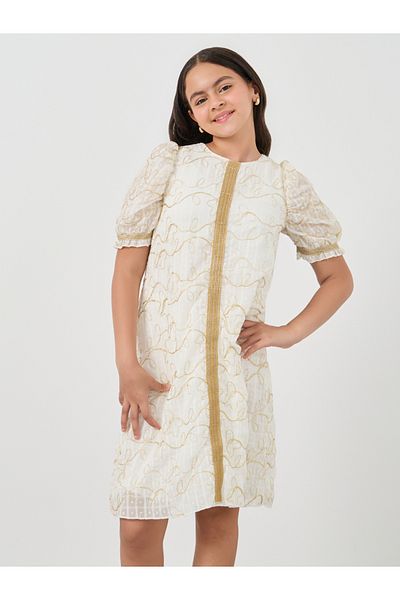 Styli Lace Detail Puff Sleeve Midi Dress