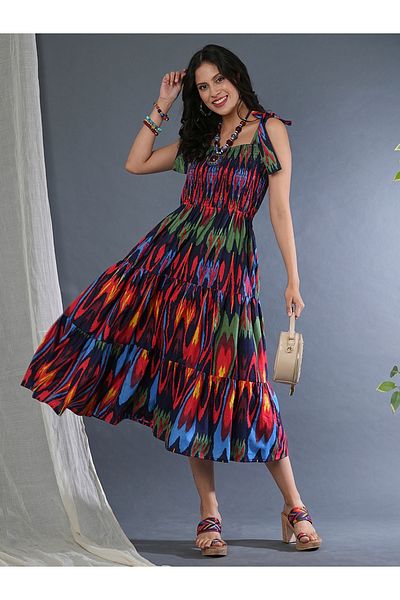 Globus By Styli Women All-Over Print Tie-Up Sleeve A-Line Midi Dress