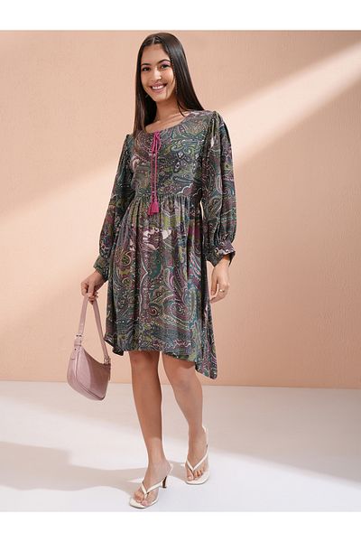 Vishudh By Styli Women Paisley Print Tie-Up Neck A-Line Knee-Length Dress