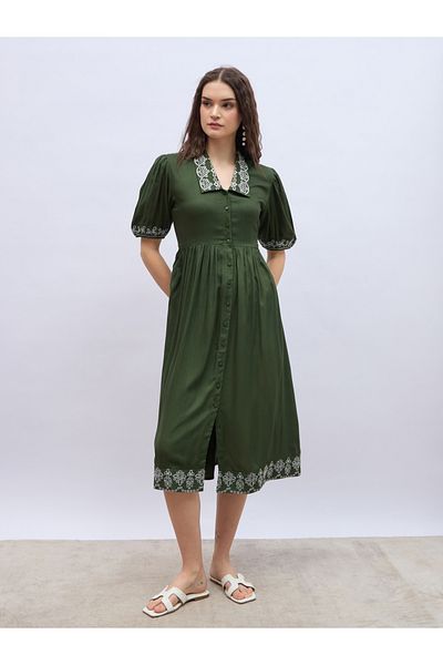 Styli Embroidered V-Neck Puff Sleeve A-Line Midi Dress