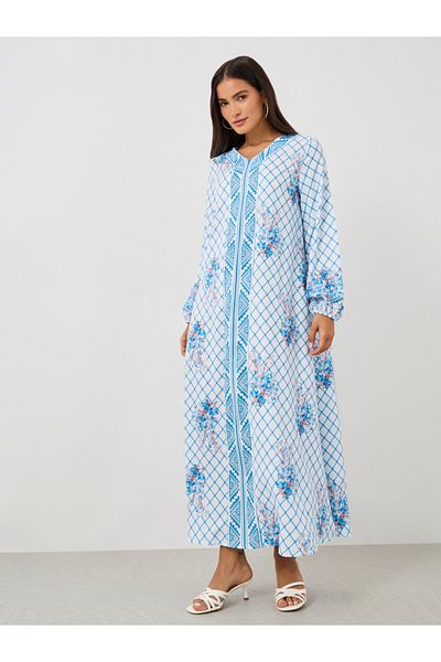 Keenly By Styli Checked Print V-Neck Long Sleeve Maxi Jalabiya