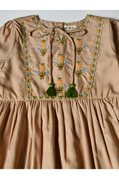 Bella Moda By Styli Embroidered Tie-Up Neck Knee-Length Dress