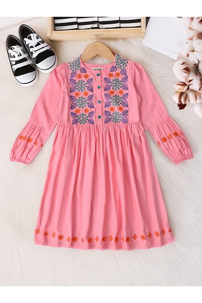 Bella Moda By Styli Embroidered 3/4 Sleeves Cotton Dress with Button Front