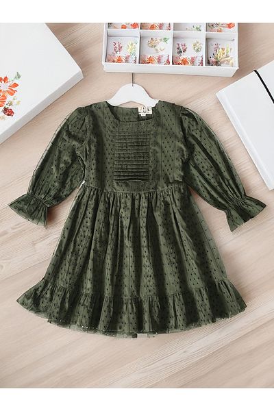 Bella Moda By Styli Solid Schiffli Pintuck Detail Dress with 3/4 Sleeves