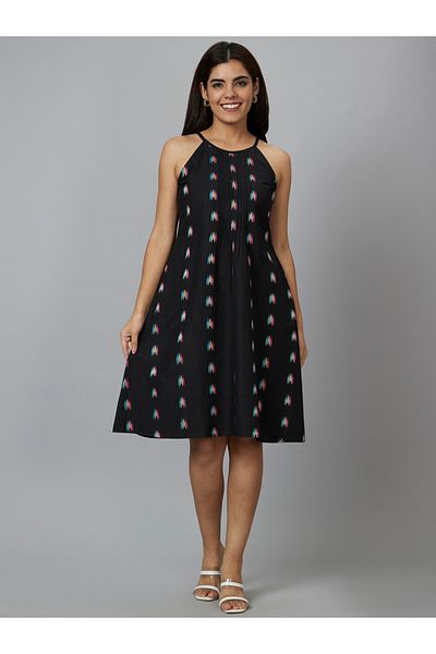 Globus By Styli Women Black Aztec Printed Cotton Strappy A-Line Knee-Length Dress
