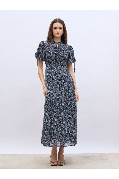 Styli All-Over Floral Print Balloon Sleeves A-Line Maxi Dress with Ruched Detail