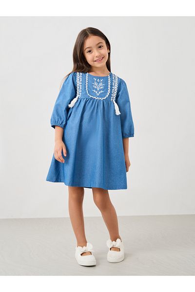 Styli Embroidered Balloon Sleeve Denim Dress