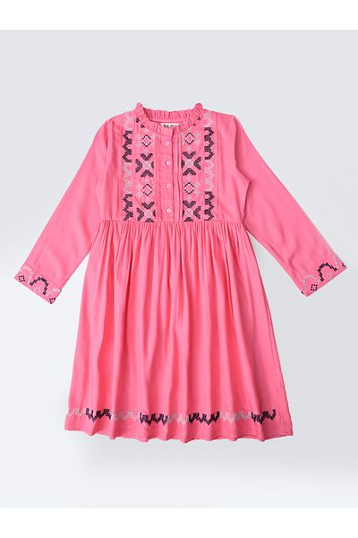 Bella Moda By Styli Embroidered 3/4 Sleeves Cotton Dress with Button Front