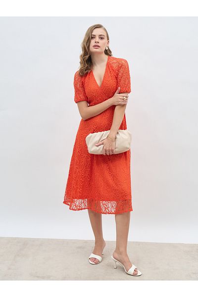 Styli Solid Lace Short Sleeve Wrap Look A-Line Midi Dress
