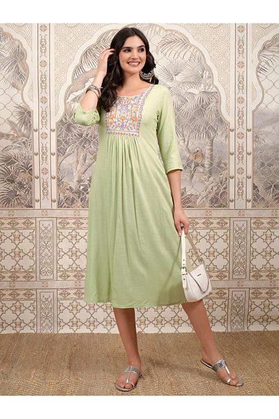 Vishudh By Styli Women Green Embroidered Round Neck A-Line Midi Dress