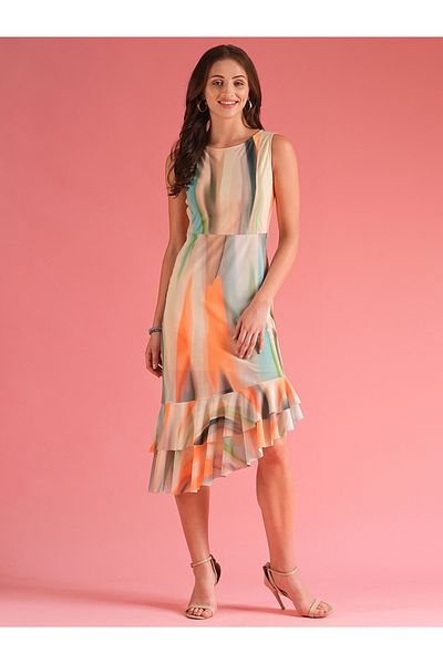 Globus By Styli Women Abstract Print Ruffled Asymmetric Hem Sheath Midi Dress