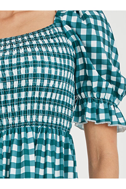 Take Two By Styli Checked Puff Sleeves A-Line Knee Length Dress with Smocked Detail