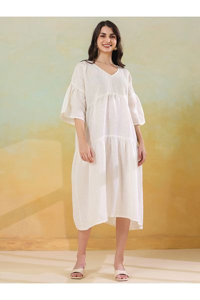 Sanskrutihomes By Styli Women White Linen Blend V Neck A-Line Midi Dress
