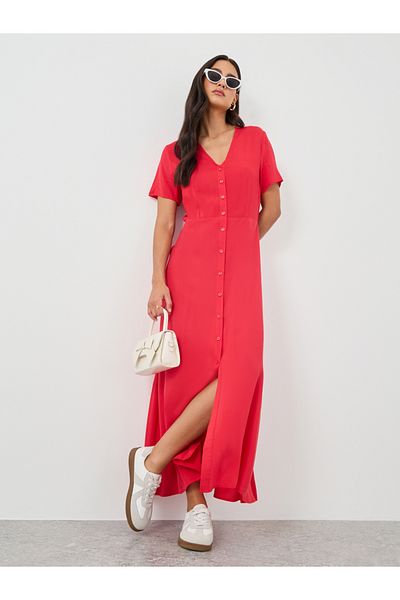 Styli Solid Short Sleeves A-Line Maxi Dress