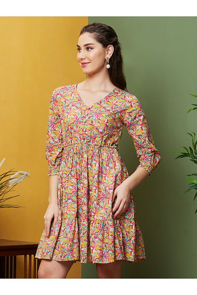 Globus By Styli Floral Printed V Neck A-Line Mini Dress