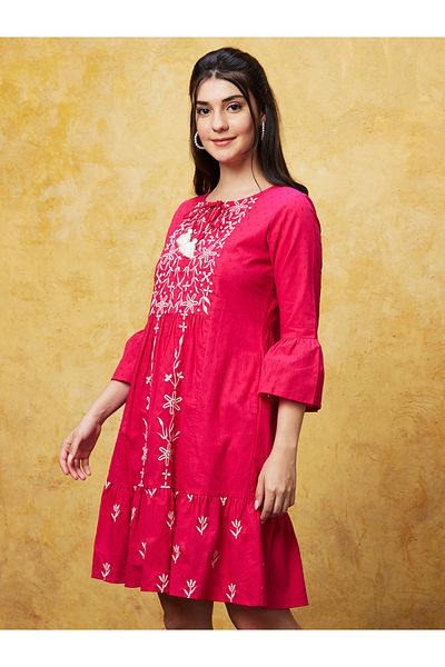 Globus By Styli Women Pink Embroidered Tie-Up Neck A-Line Mini Dress