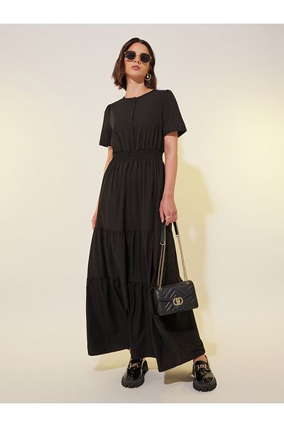 Styli Solid Smocked Waist Puff Sleeves Tiered Maxi Dress