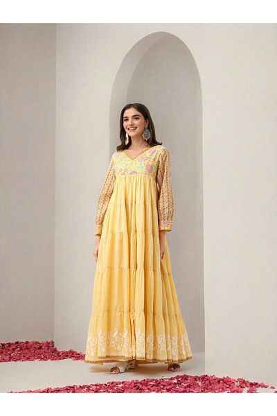 Ishin By Styli Women Yellow Printed V Neck Tiered Maxi Dress