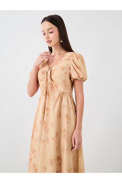 Styli Floral Print Gathered Detail Puff Sleeve Maxi Dress