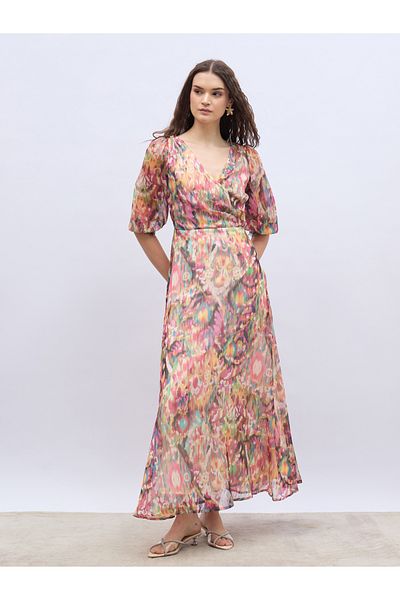 Styli Printed V-Neck Wrap A-Line Maxi Dress