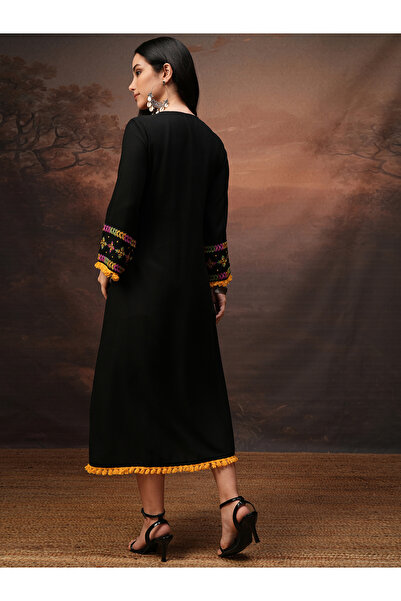 Vishudh By Styli Women Embroidered Tie-Up Neck A-Line Midi Dress