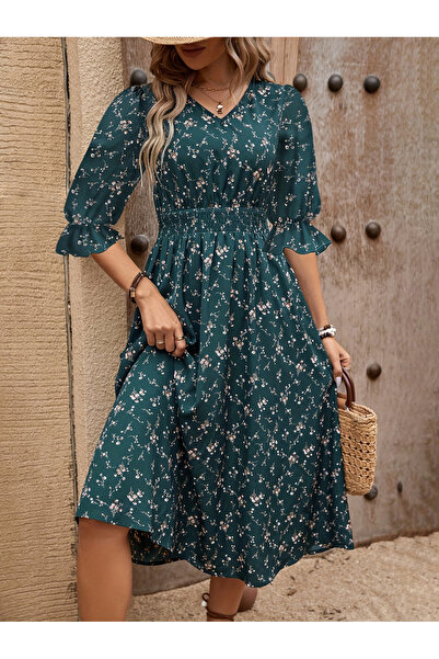 Take Two By Styli Floral Print Puff Sleeve Ruffle Hem Midi Dress