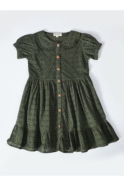 Bella Moda By Styli Solid Schiffli Puff Sleeves Dress with Button Front