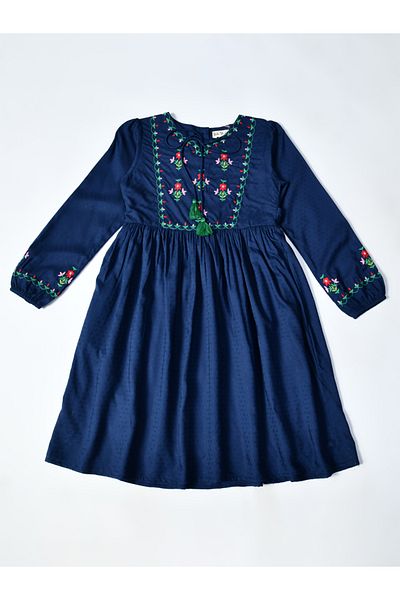 Bella Moda By Styli Embroidered Tie-Up Neck Knee-Length Dress