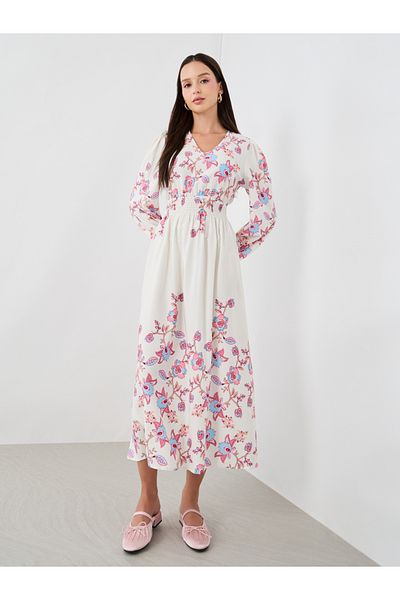 Styli Floral Printed Balloon Sleeve Midi Dress with Smocked Details