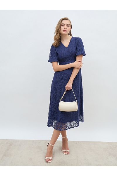 Styli Solid Lace Balloon Sleeves A-Line Midi Dress