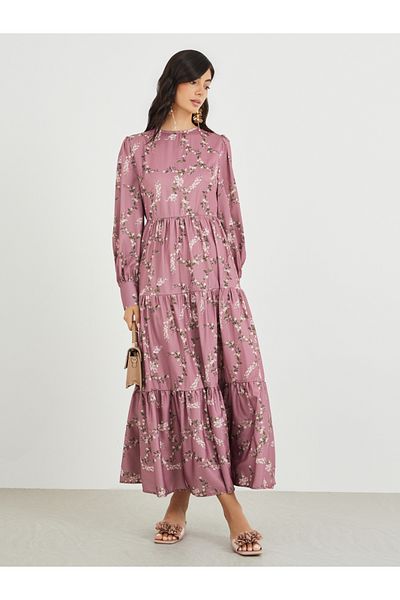 Styli Printed Balloon Sleeves Tiered Maxi Dress
