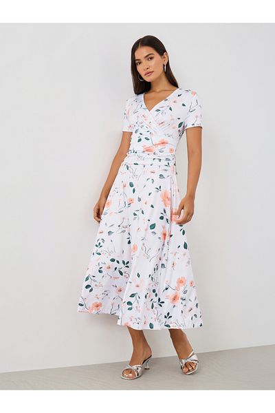 Styli Floral Print Short Sleeves A-Line Midi Dress