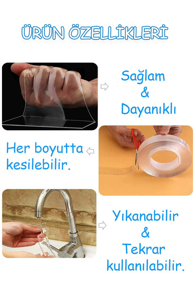Beatitude Çift Taraflı Şeffaf Bant Silikon Duvar Bandı Tablo Yapıştırıcısı