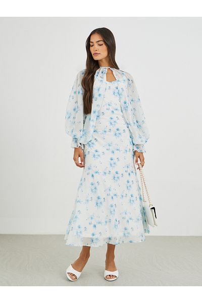 Styli Floral Print Strappy A-Line Midi Dress with Cape Jacket