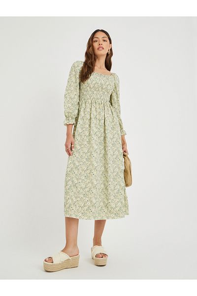 Take Two By Styli Women Green Floral Print Square Neck Smocked A-Line Midi Dress
