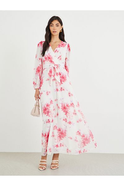 Styli Floral Print V Neck Chiffon A-Line Maxi Dress