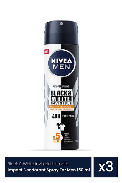NIVEA NiveaMen Black&White Invisible Ultimate Impact αντιιδρωτικό αποσμητικό σε σπρέι για άνδρες 3 τεμάχια x150ml