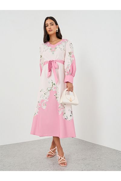 Keenly By Styli Floral Print V-Neck Belted A-Line Maxi Dress