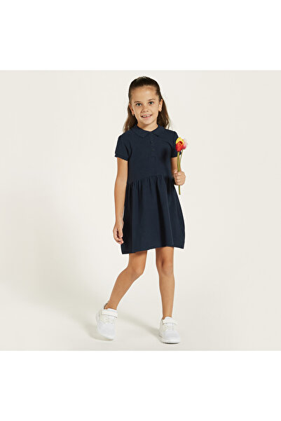 Juniors Solid Polo Dress With Short Sleeves And Button Closure