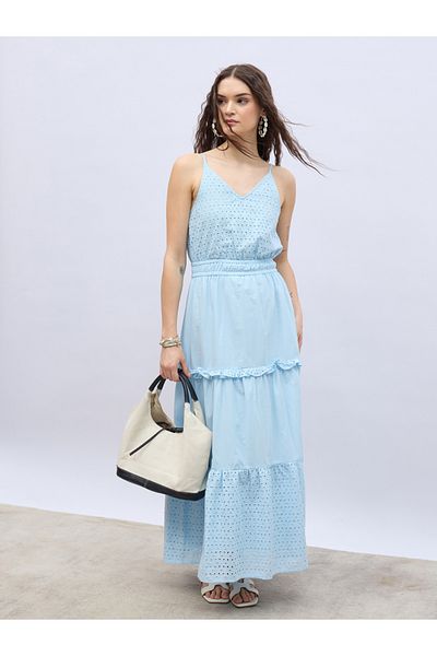 Styli Schiffli Strappy Tiered Maxi Dress with Ruffle Trim