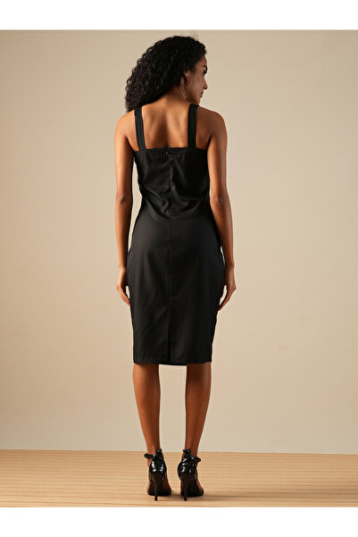 Globus By Styli Women Black Solid Strappy Sheath Midi Dress with Buckle Detail