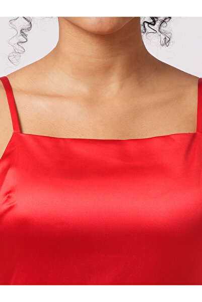 Globus By Styli Women Red Solid Satin Asymmetric Hem Sheath Maxi Dress with Ruffle Detail