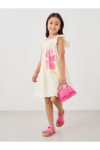 Styli Girls Graphic Print Smocked Yoke Dress with Ruffled Sleeves