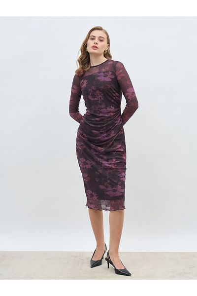 Styli All-Over Print Ruched Mesh Sheath Midi Dress